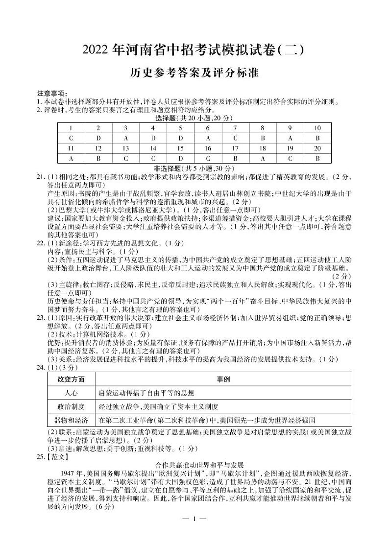 2022年河南省商丘市柘城县实验中学中招考试第二次模拟历史试题01