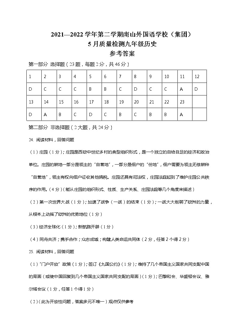 2022年广东省深圳市南山区南山外国语学校部编版九年级5月质量检测(二模)历史卷(答案)第1页