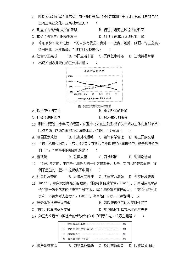 2022年福建省泉州市实验中学中考历史第二次段考试卷(word版含答案)第2页