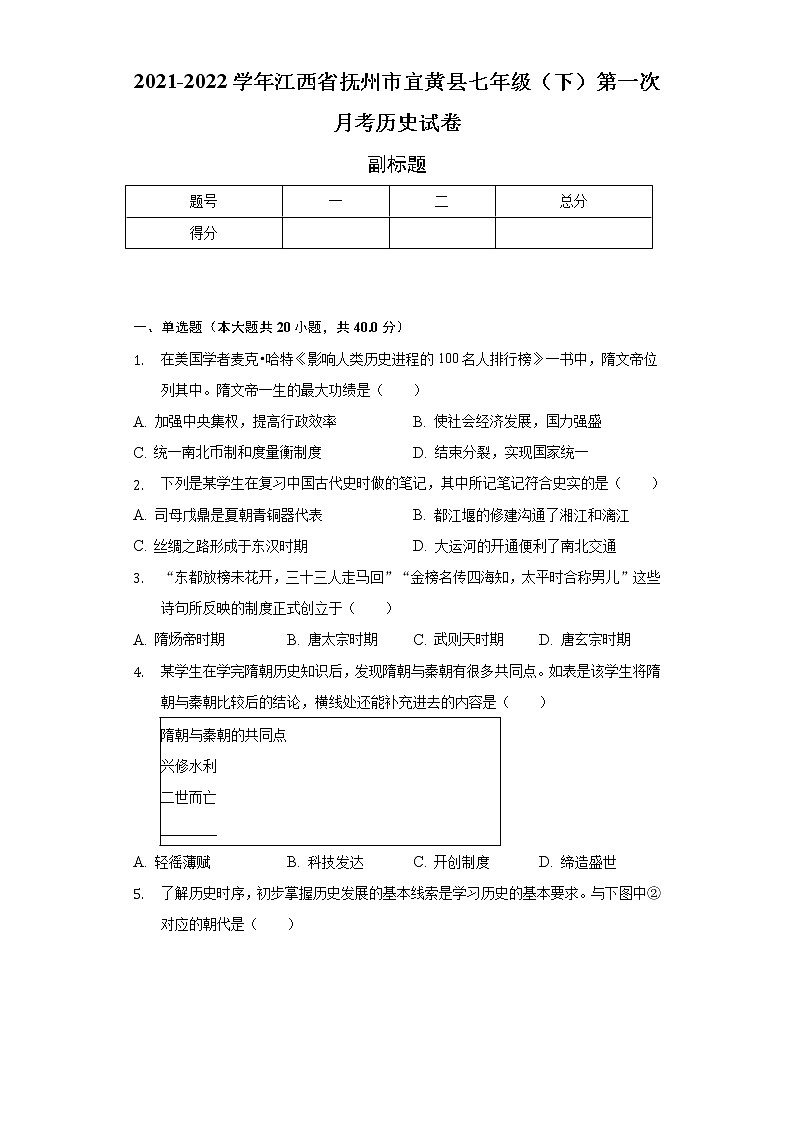 2021-2022学年江西省抚州市宜黄县七年级(下)第一次月考历史试卷(含解析)第1页