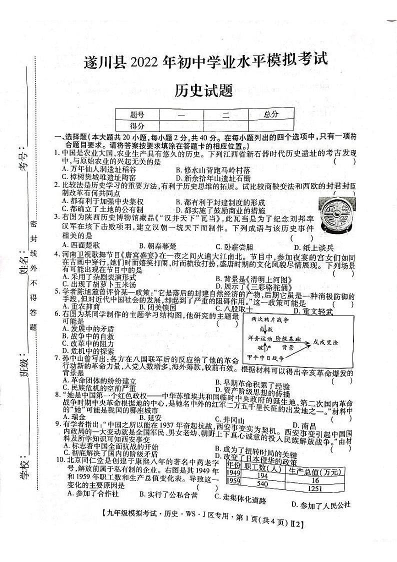 2022年江西省吉安市遂川县九年级初中学业水平模拟考历史试题第1页