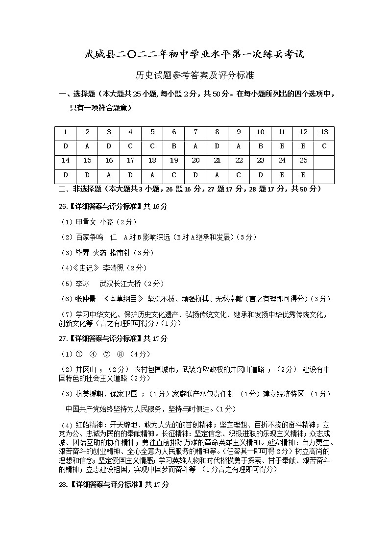 山东省德州市武城县2021-2022学年下学期九年级第一次练兵历史试题01