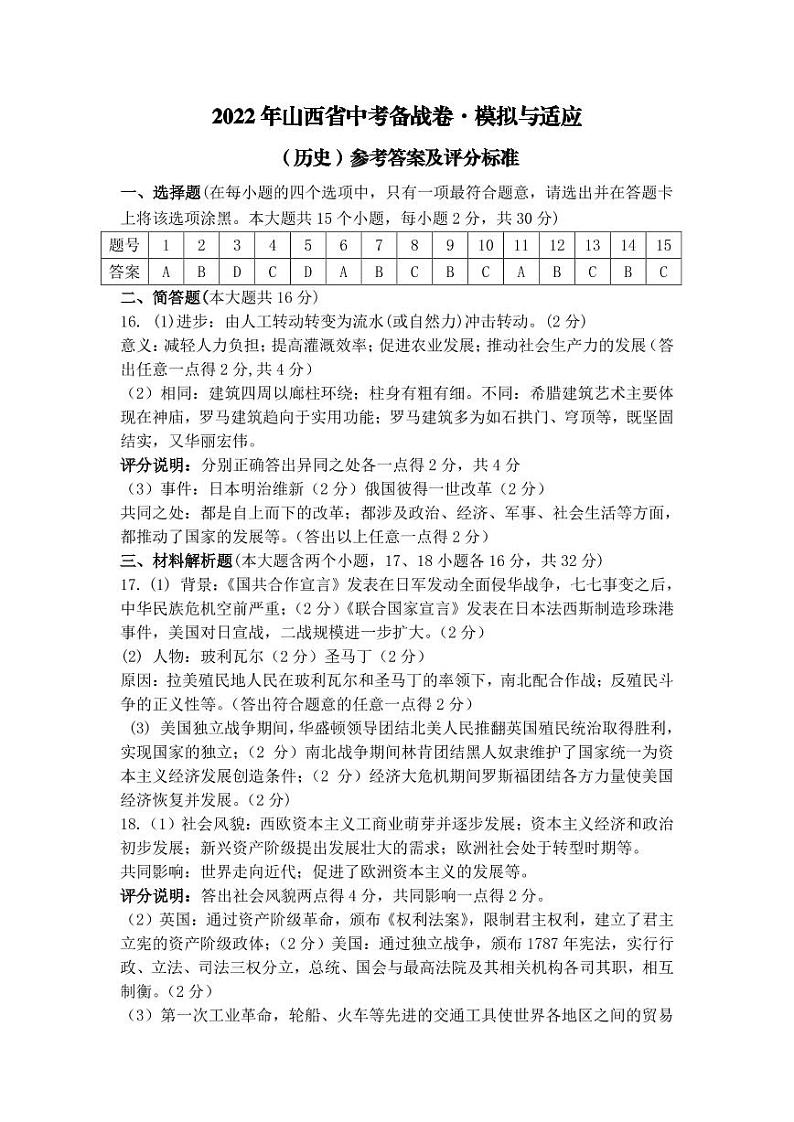 2022年山西省晋中市介休市九年级中考适应性模拟考历史试题01