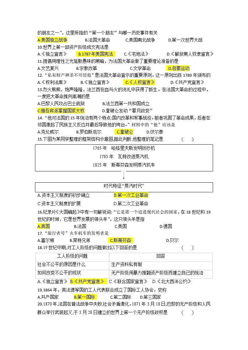 2022年吉林省中考历史九年级上册第六、七单元一轮复习卷02