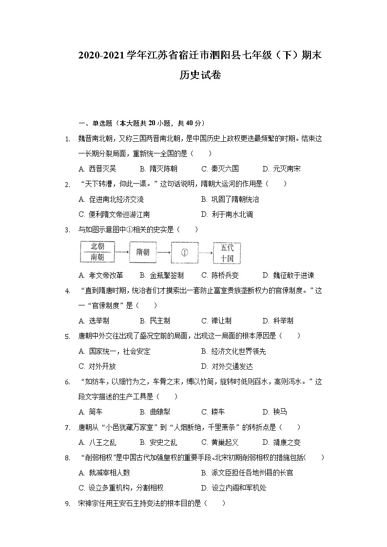 2020-2021学年江苏省宿迁市泗阳县七年级(下)期末历史试卷(含解析)第1页