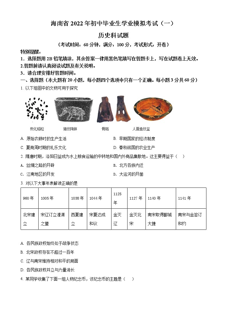 2022年海南省陵水县中考一模历史试题(含答案)01