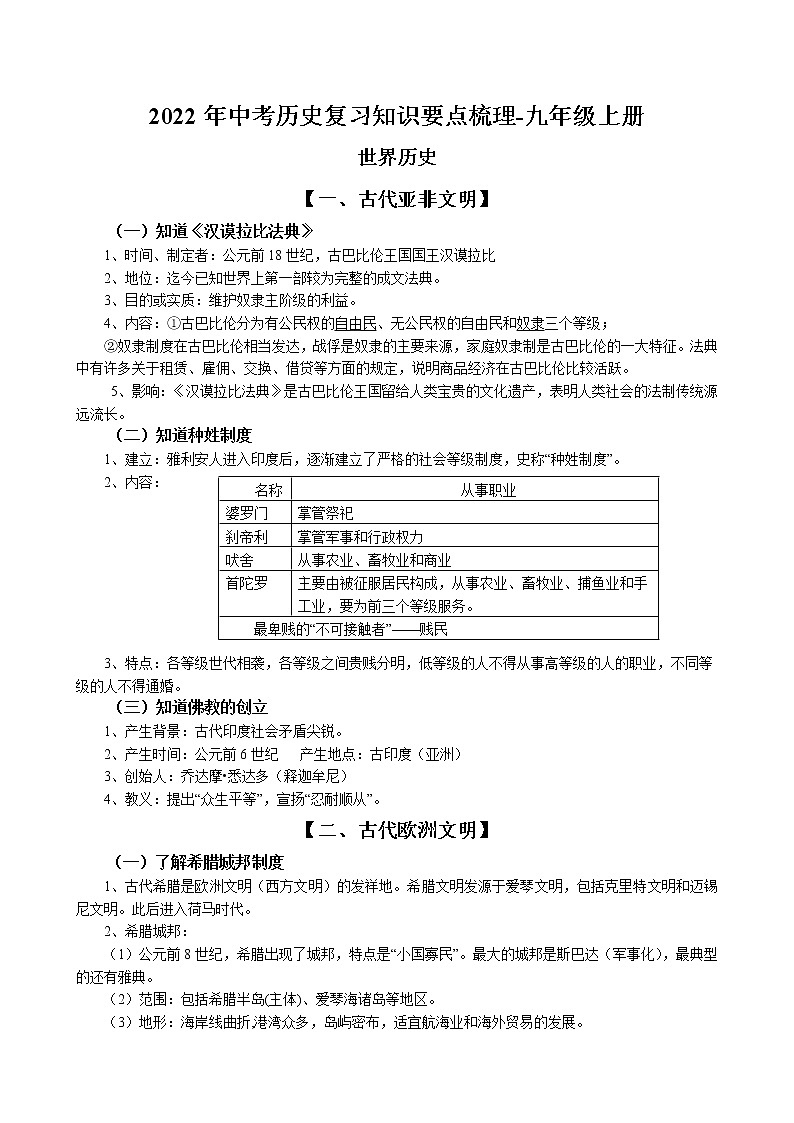 2022年中考历史复习知识要点梳理-九年级上册世界历史(部编版)第1页