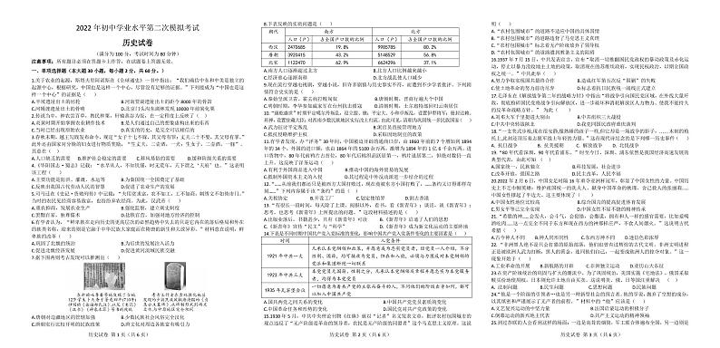 2022年广东省韶关市乳源县初中学业水平九年级第二次模拟考试历史试题(含答案)01