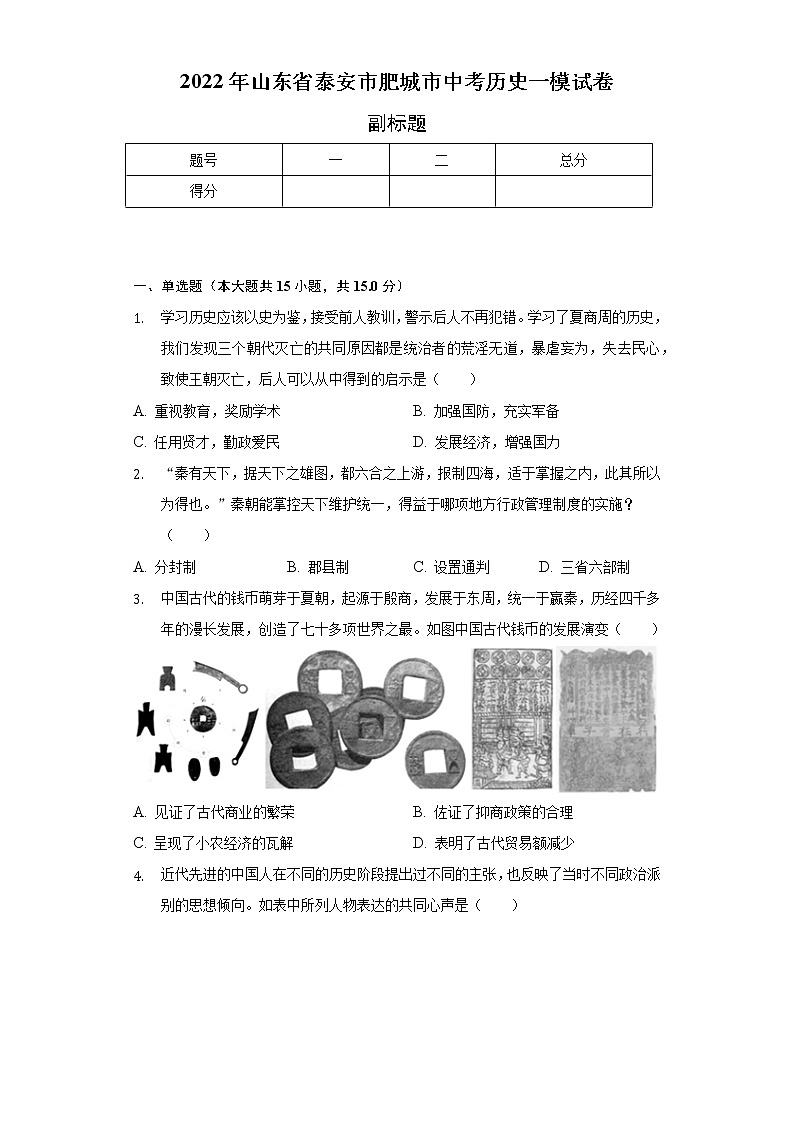 2022年山东省泰安市肥城市中考历史一模试卷(含解析)01