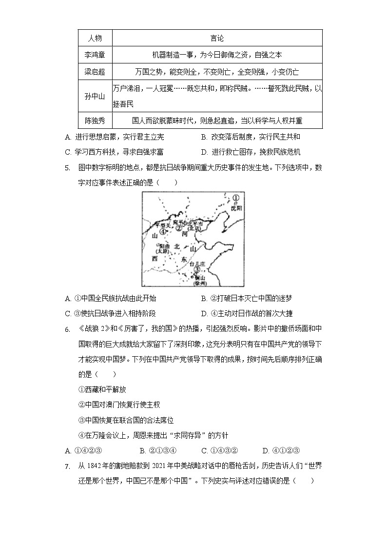 2022年山东省泰安市肥城市中考历史一模试卷(含解析)02