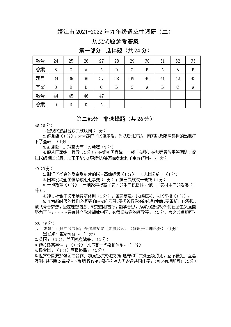 江苏省泰州市靖江市2022年中考九年级历史二模试卷(含答案)01