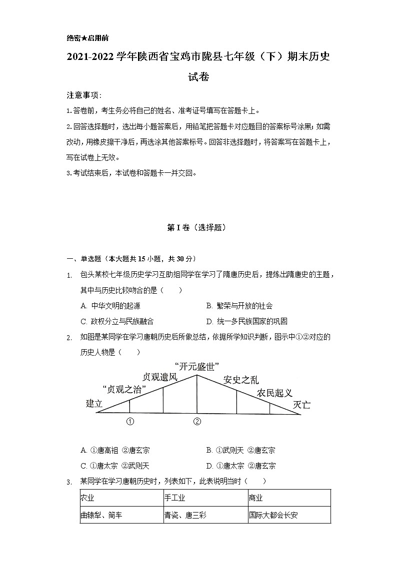 2021-2022学年陕西省宝鸡市陇县七年级(下)期末历史试卷(含解析)01