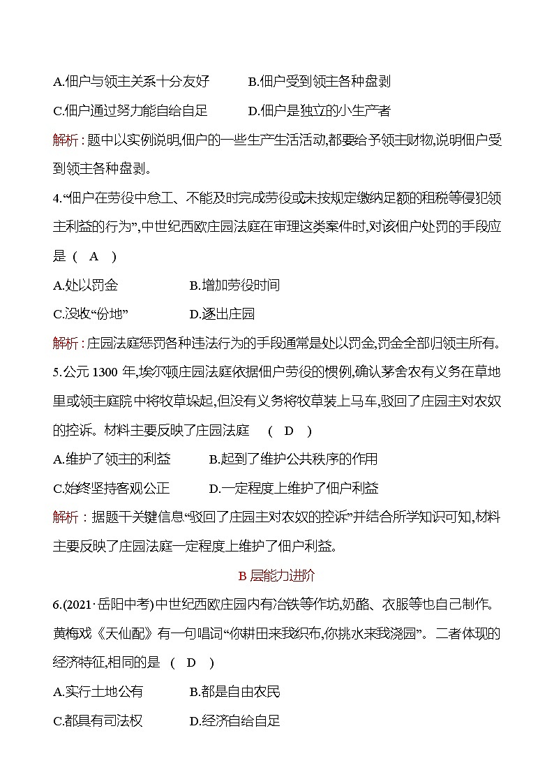 第三单元 第8课 西欧庄园 分层练习 2022-2023 部编版 历史 九年级上册02