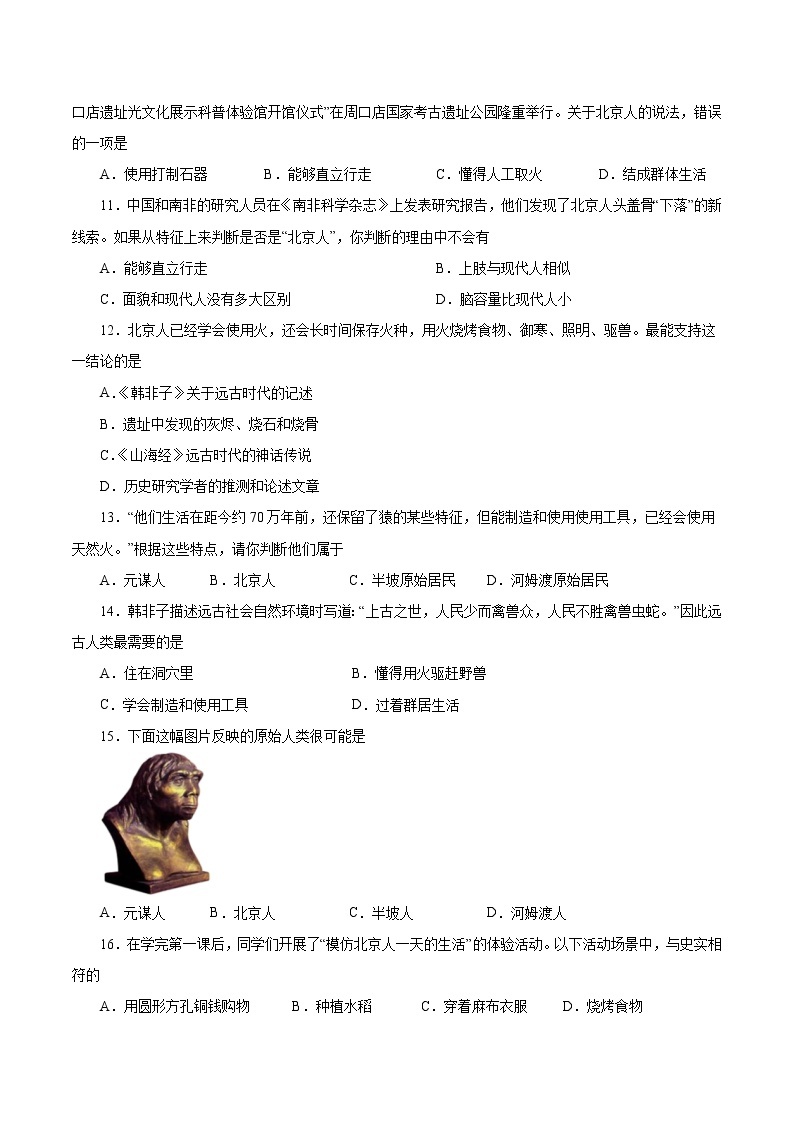 七年级历史部编版上册《1.1 中国境内早期人类的代表——北京人》   课时练202