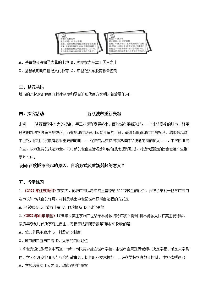 【同步练习】人教版九年级历史上册 第9课 中世纪城市和大学的兴起(作业)第3页