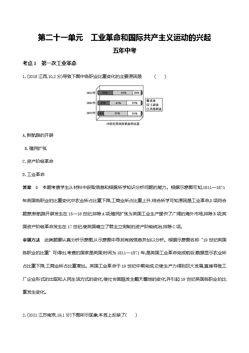 2022届中考历史复习第二十一单元 工业革命和国际共产主义运动的兴起第1页