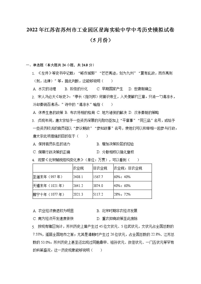 2022年江苏省苏州市工业园区星海实验中学中考历史模拟试卷(5月份)(含解析)第1页