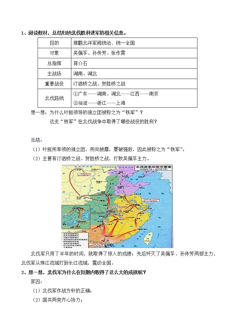 第15课国共合作与北伐战争教案2021--2022学年部编版历史八年级上册第五单元第3页