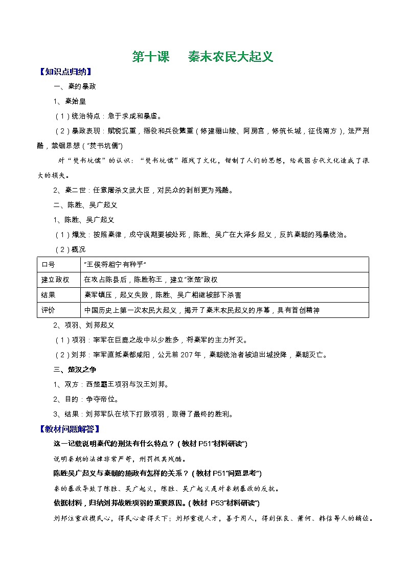 人教部编版七年级上册《历史》第十课 秦末农民大起义知识点归纳总结、教材习题解答01
