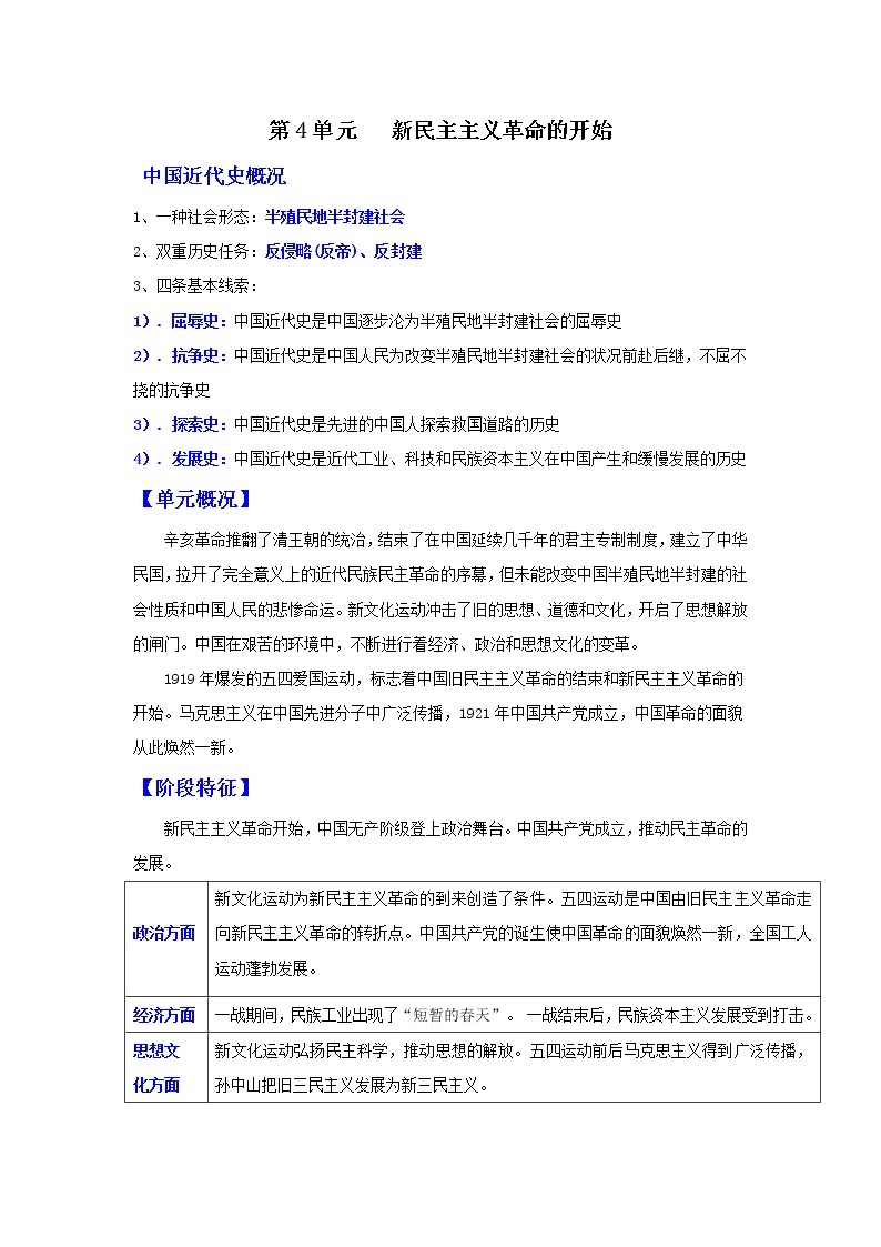 第四单元  新民主主义革命的开始-2022-2023学年八年级历史上册必备知识总结+过关提升练（部编版）（解析版）01