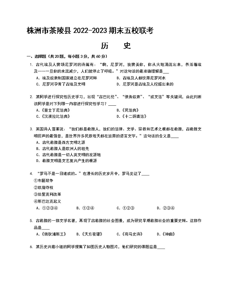湖南省株洲市茶陵县五校联考2022-2023学年九年级上学期期末历史试题(含答案)01