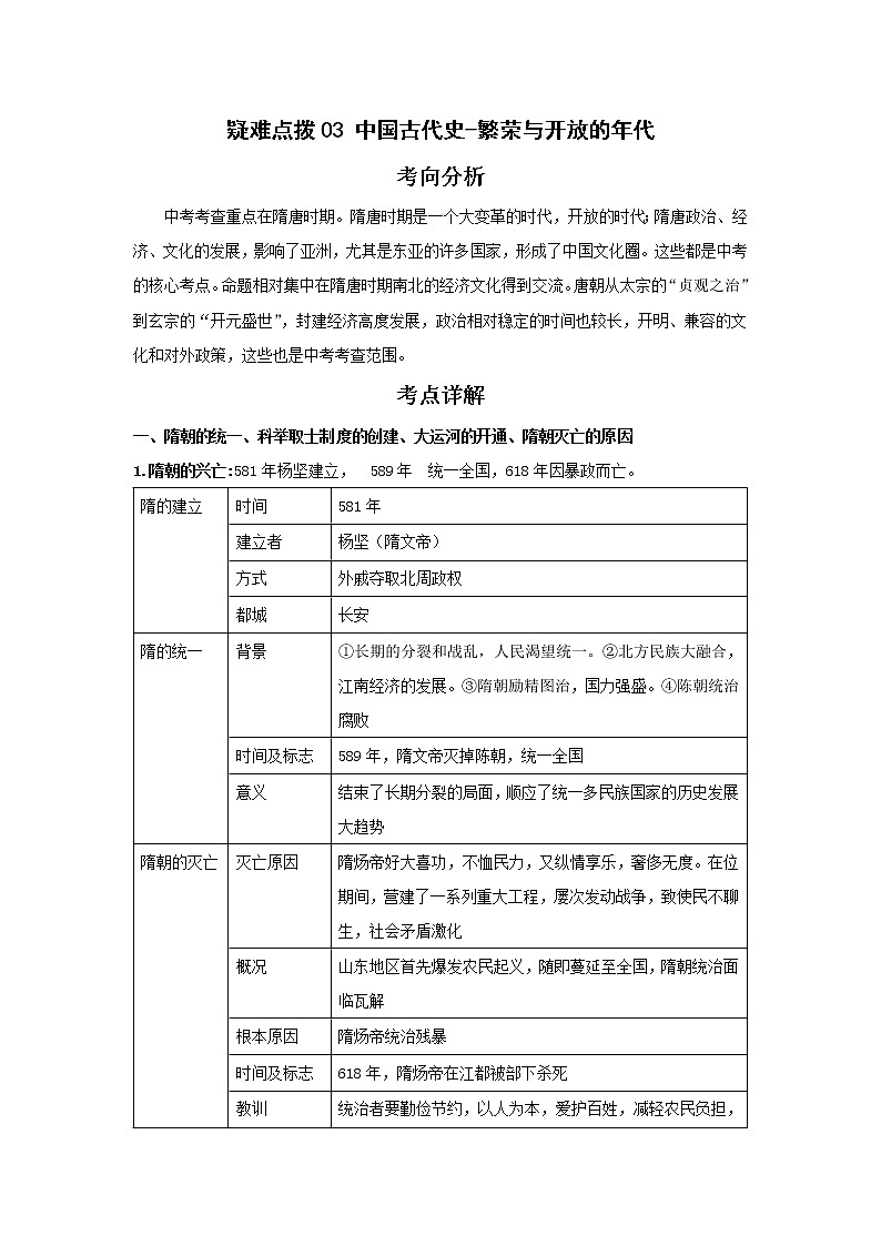 备战2023年历史新中考二轮复习热点透析疑难点拨03中国古代史-繁荣与开放的年代(原卷版)第1页