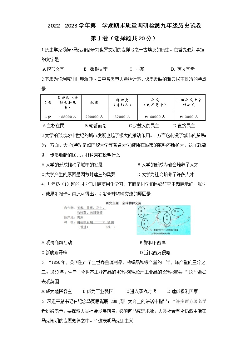 伊川县2022-2023上期末九年级历史（无答案） 试卷01