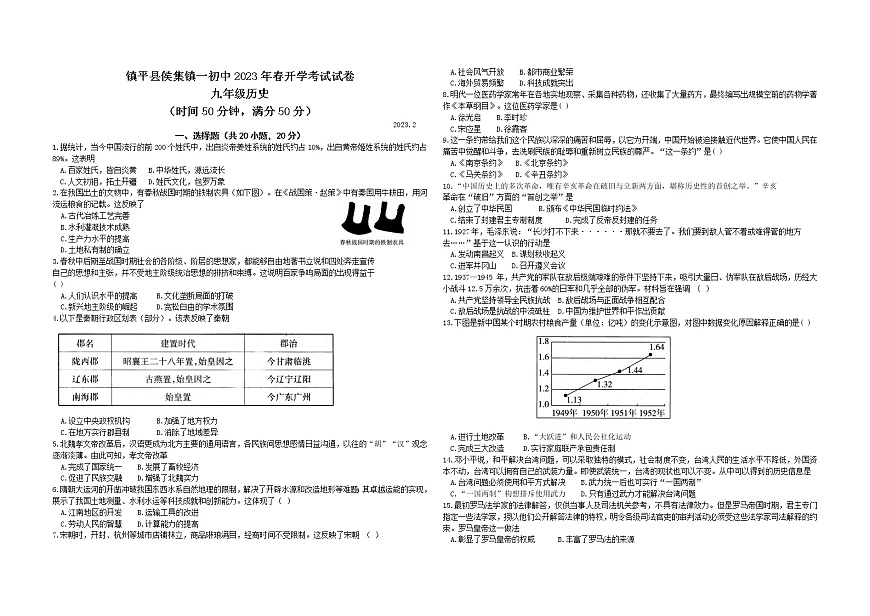 河南省鎮(zhèn)平縣侯集鎮(zhèn)第一初級(jí)中學(xué)2022_2023學(xué)年九年級(jí)下學(xué)期開學(xué)考試歷史試卷第1頁