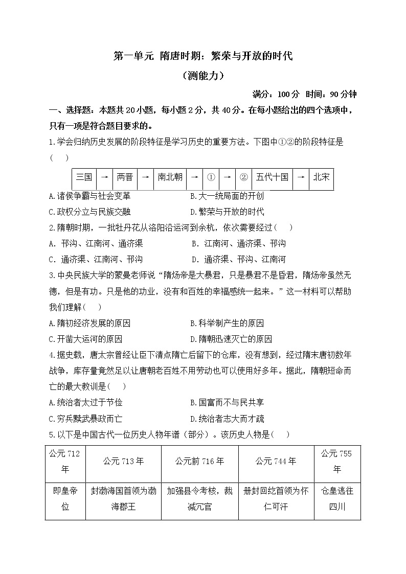 人教部编版历史七年级下册单元检测 第一单元  隋唐时期：繁荣与开放的时代 （测能力）01