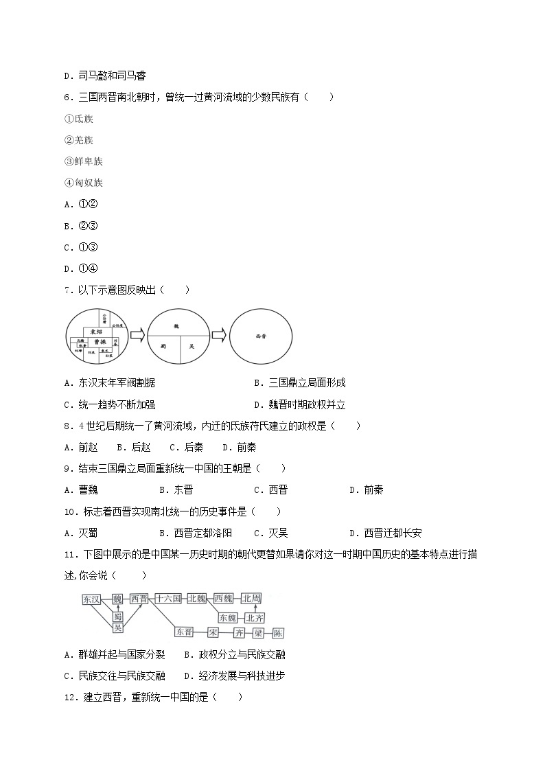 4.17 西晋的短暂统一和北方各族的内迁同步测试（含答案）人教部编版历史七年级上册02