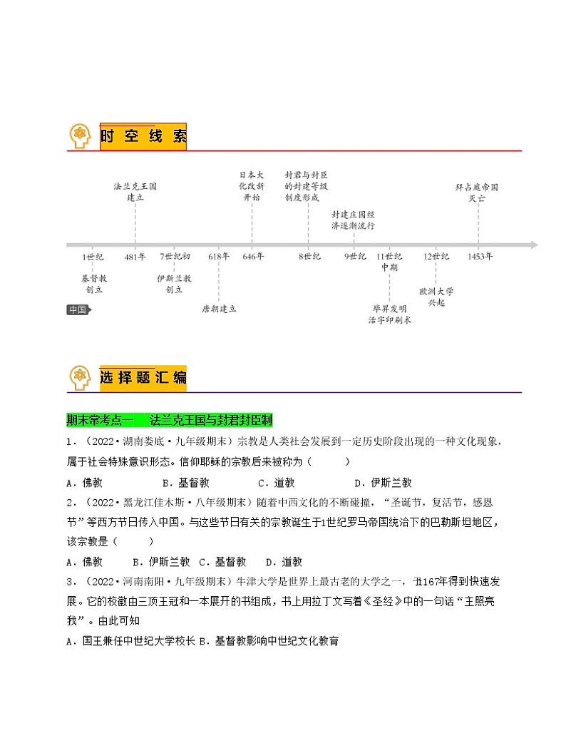专题02 封建时代的欧洲与亚洲国家-备战 2022-2023 九年级历史上学期期末考试真题汇编(部编版)01