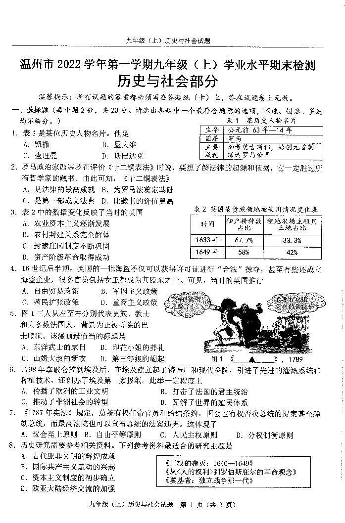 浙江省温州市2022学年九年级(上)历社期末卷第1页