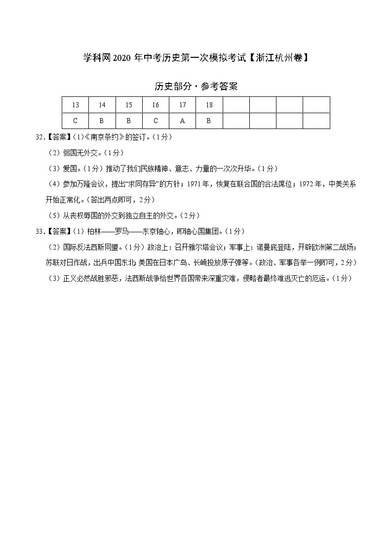 初中历史中考复习 (浙江杭州卷)2020年中考历史第一次模拟考试(参考答案)01