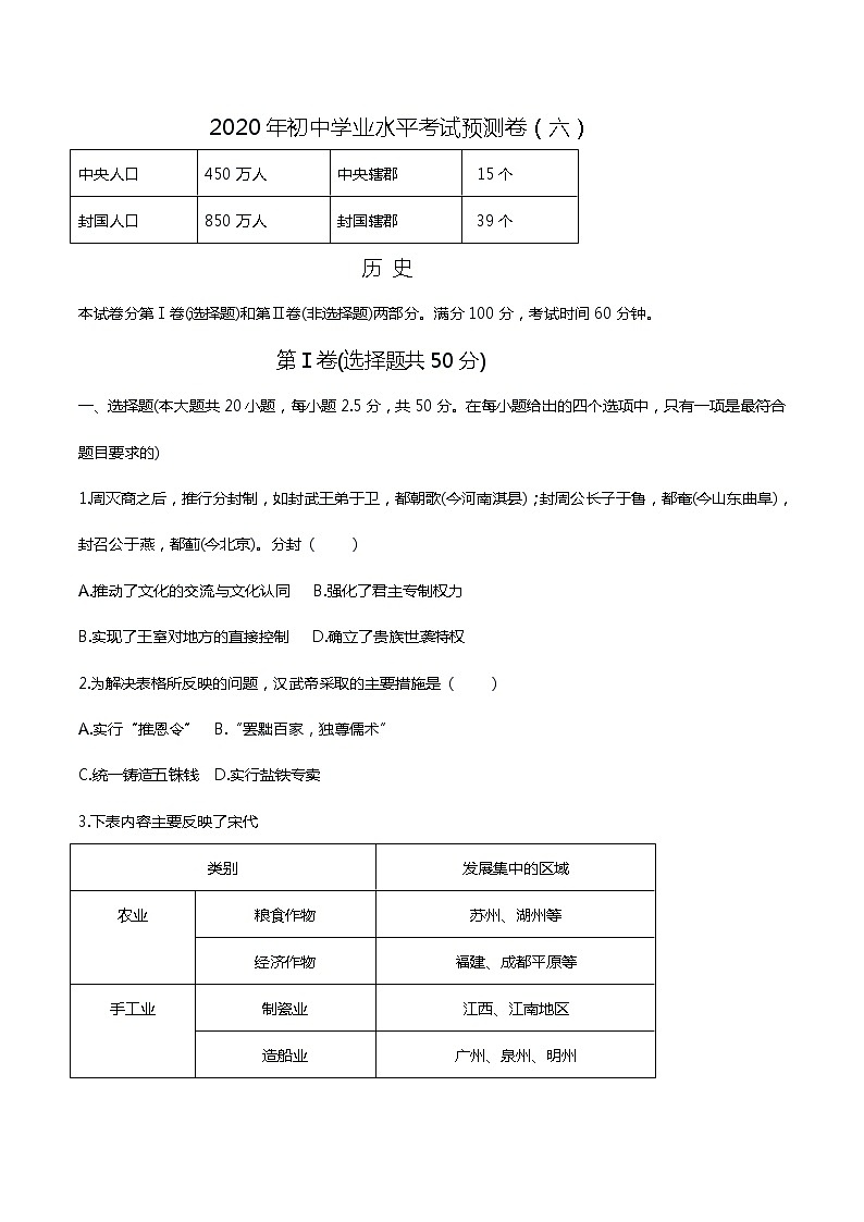 初中历史中考复习 2020年中考历史终极考前预测卷(六)(原卷版)第1页