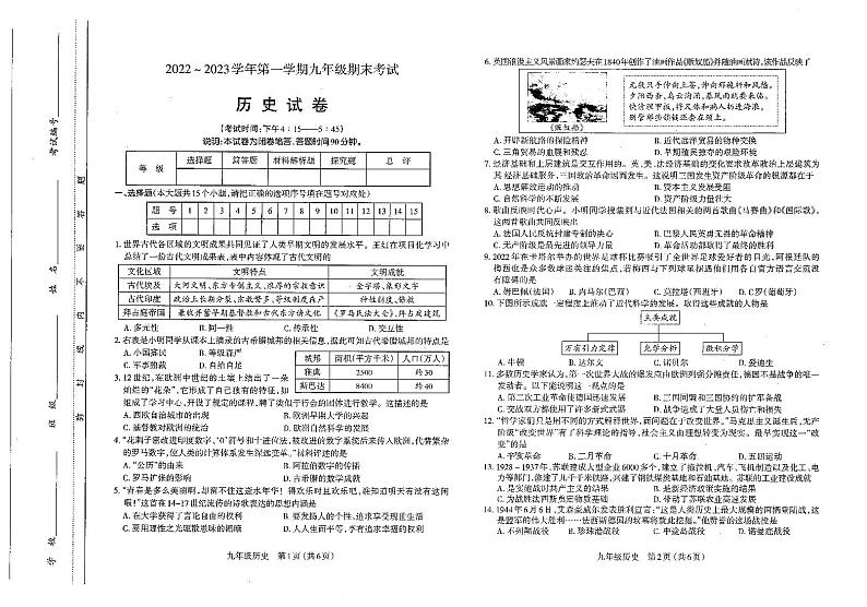 九年级历史试卷第1页