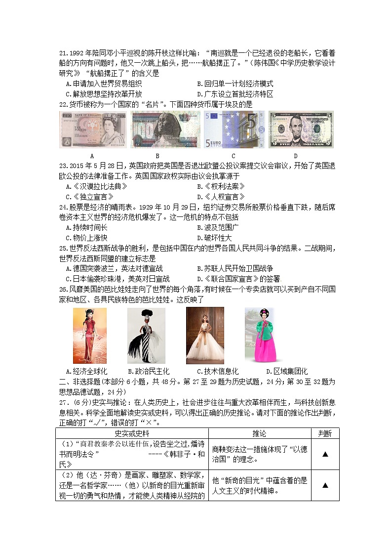 初中历史中考复习 江苏省徐州市2015年中考历史真题试题(含答案)第2页
