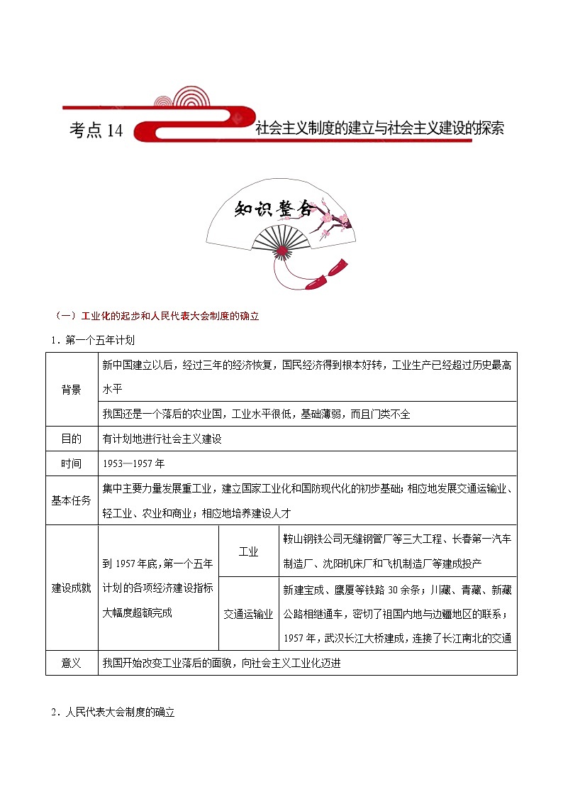 初中历史中考复习 考点14 社会主义制度的建立与社会主义建设的探索-备战2020年中考历史考点一遍过第1页