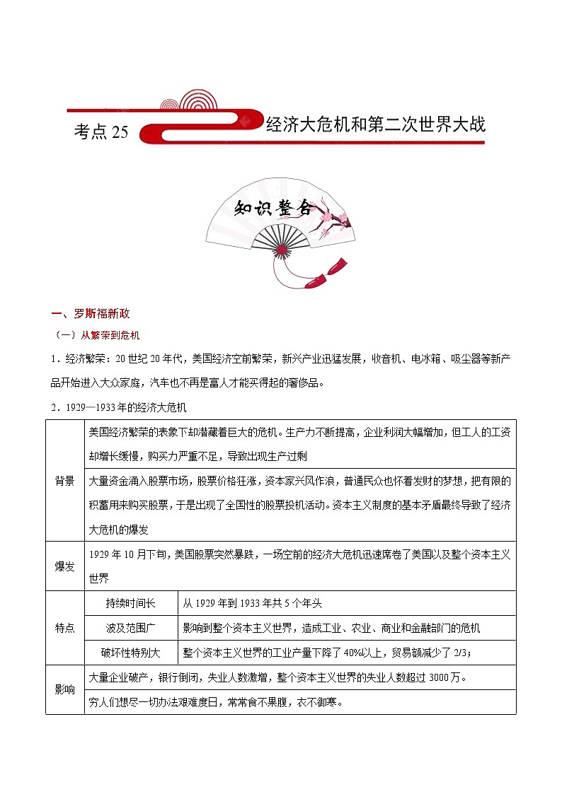 初中历史中考复习 考点25 经济大危机和第二次世界大战-备战2020年中考历史考点一遍过第1页