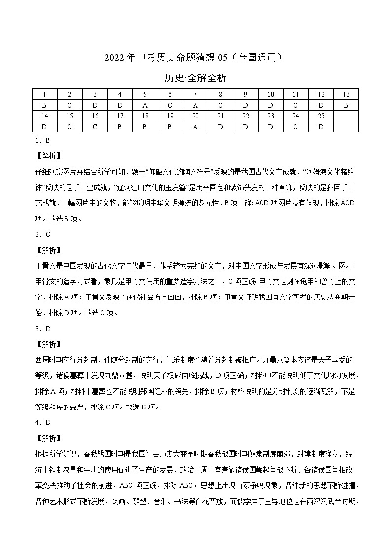 初中历史中考复习 命题猜想卷05-2022年中考历史命题猜想卷(全国通用)(全解全析)第1页