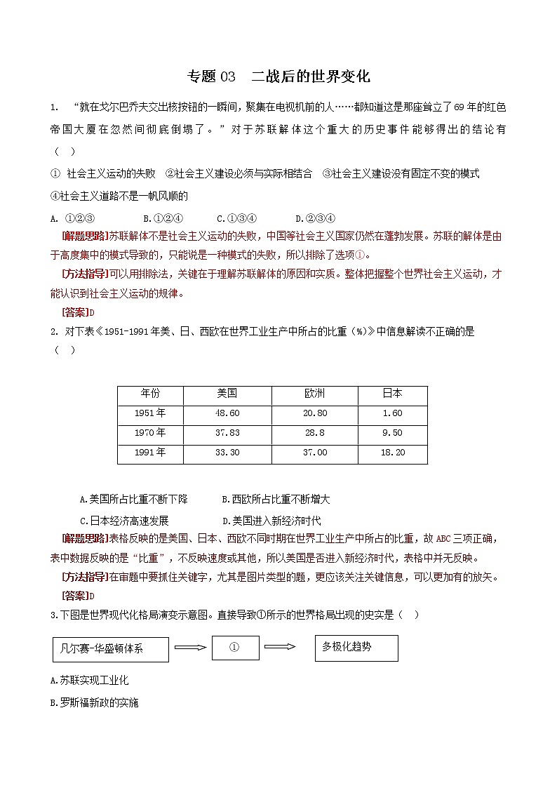初中历史中考复习 专题03 二战后的世界变化(测试)(解析版)01