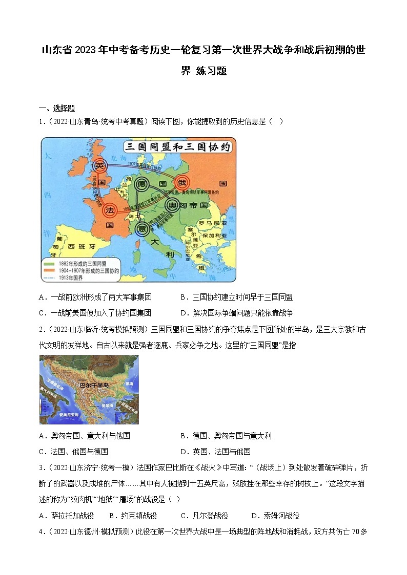 山东省2023年中考备考历史一轮复习第一次世界大战争和战后初期的世界练习题01