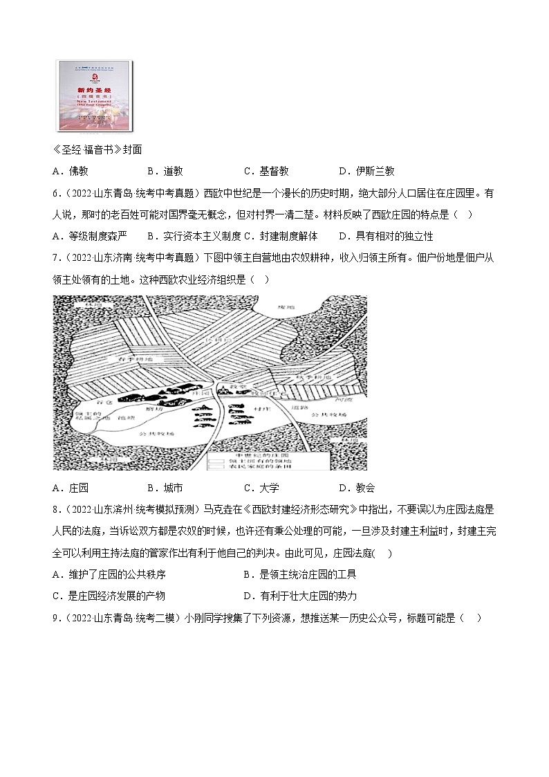 山东省2023年中考备考历史一轮复习封建时代的欧洲练习题第2页
