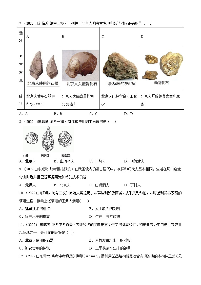 山东省2023年中考备考历史一轮复习史前时期:中国境内早期人类与文明的起源 练习题第2页