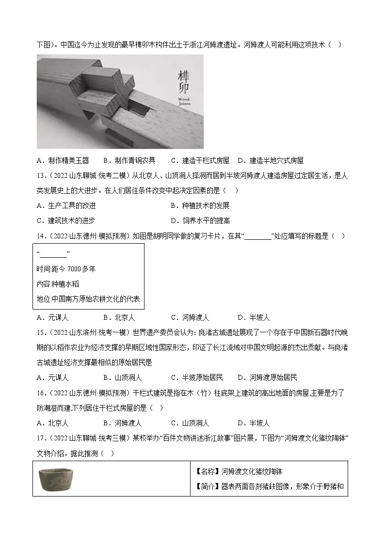 山东省2023年中考备考历史一轮复习史前时期:中国境内早期人类与文明的起源 练习题第3页