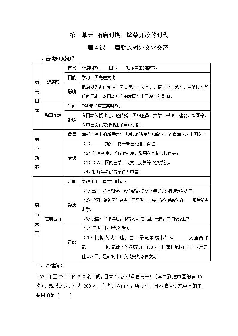 人教部编版历史七年级下册同步试题汇编 第4课 唐朝的对外文化交流 课前练习(含答案解析)第1页