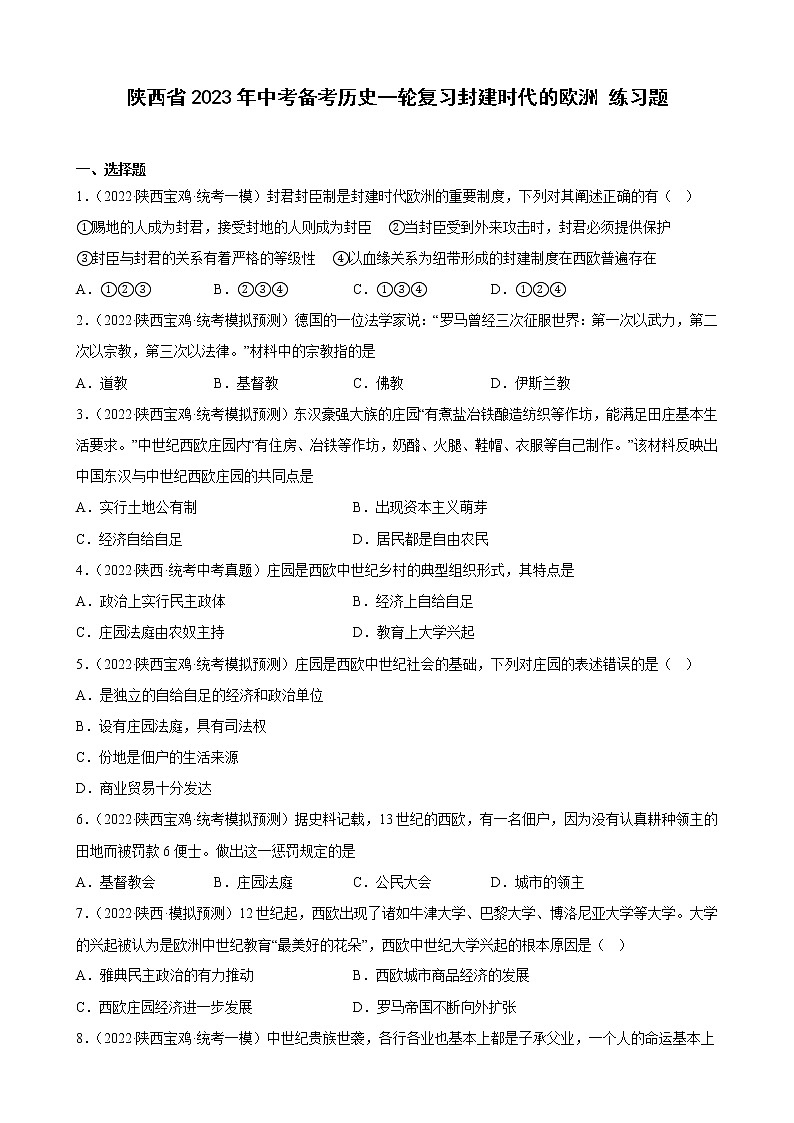 陕西省2023年中考备考历史一轮复习封建时代的欧洲 练习题第1页