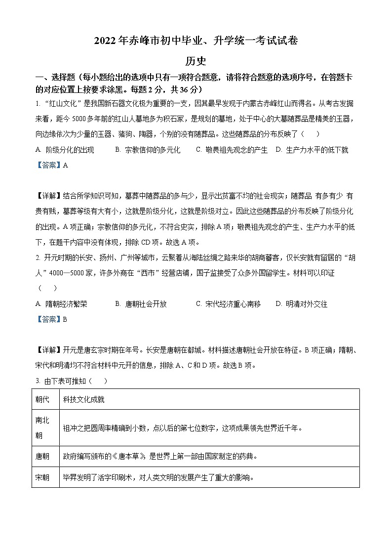 2022年内蒙古赤峰市中考历史真题(教师版)第1页