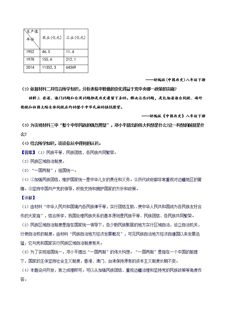 【中考一轮复习】中考历史一轮复习背诵+精讲+讲练:专题21 《民族团结与祖国统一 》(背诵清单+对点训练)(练习题答案)第3页