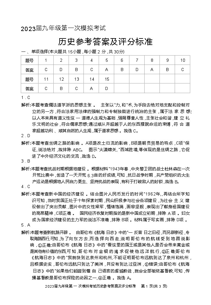 2023年安徽省亳州高新区九阳初级中学等5校一模历史试题(含答案)03