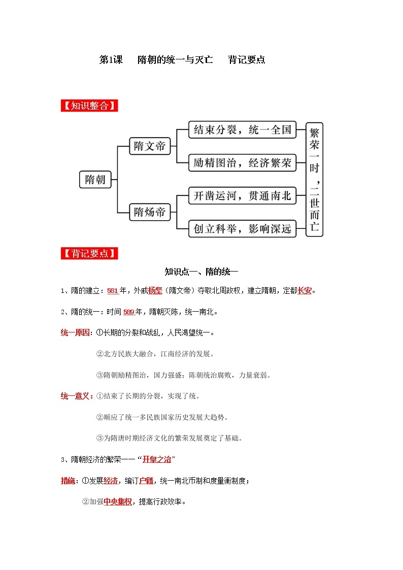 部编版七年级历史下册第1课  隋朝的统一与灭亡   课件（含视频）+教案+素材+背记要点清单+同步分层作业含解析卷01